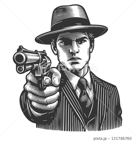 Gangster Aiming Gun engraving vector illustration 131786760