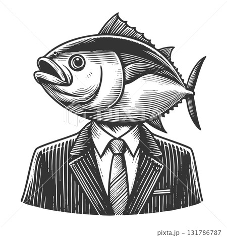 Surreal engraving of businessman with fish head 131786787