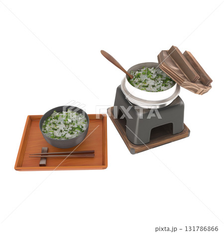 正月の七草粥と卓上竈の和風料理イラスト 131786866