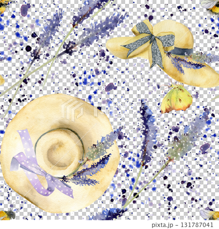 Seamless pattern of straw sunhats with lavender stalks, ribbon bows. Butterflies bumblebees flying, paint splatter. Isolated illustration hand drawn in watercolor. Fabric print, gift wrap, DIY crafts Seamless pattern of straw sunhats with lavender stalks, ribbon bows. Butterflies bumblebees flying, paint splatter. Isolated illustration hand drawn in watercolor. Fabric print, gift wrap, DIY crafts 131787041