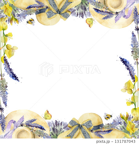 Vintage-style straw hat with lavender bouquet and lilac bow trim. Isolated square frame, border illustration hand drawn in watercolor. Floral wedding prop, sunny day print, outdoor market branding. 131787043