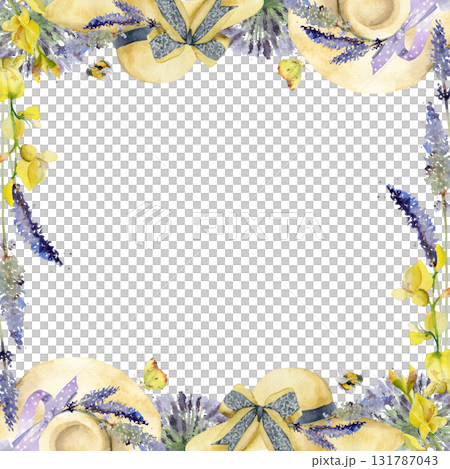 Vintage-style straw hat with lavender bouquet and lilac bow trim. Isolated square frame, border illustration hand drawn in watercolor. Floral wedding prop, sunny day print, outdoor market branding. 131787043