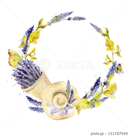 Cone-wrapped lavender lavandula bouquet, straw sunhat with ribbon bow, flying butterfly bumblebee. Isolated wreath frame illustration hand drawn in watercolor. Herb garden fair branding, eco packaging Cone-wrapped lavender lavandula bouquet, straw sunhat with ribbon bow, flying butterfly bumblebee. Isolated wreath frame illustration hand drawn in watercolor. Herb garden fair branding, eco packaging 131787049