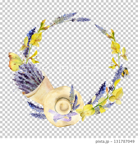Cone-wrapped lavender lavandula bouquet, straw sunhat with ribbon bow, flying butterfly bumblebee. Isolated wreath frame illustration hand drawn in watercolor. Herb garden fair branding, eco packaging Cone-wrapped lavender lavandula bouquet, straw sunhat with ribbon bow, flying butterfly bumblebee. Isolated wreath frame illustration hand drawn in watercolor. Herb garden fair branding, eco packaging 131787049