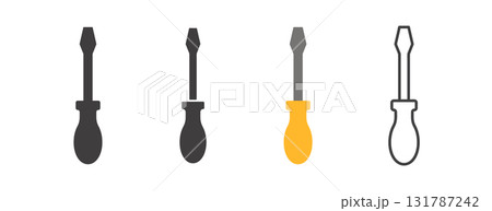 set of color tools and Instrument line icon, service sign icon Construction tool like screwdriver, saw, hammer, axe, ruler, wrench, vector abstract silhouette geometric engineering and Manufacturing 131787242