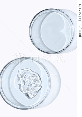A sample of skin serum or moisturizing gel in a Petri dish. A cosmetic product. A sample of skin serum or moisturizing gel in a Petri dish. A cosmetic product. 131787414