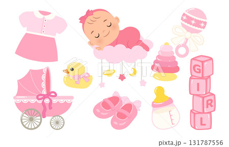 Cute baby girl gender reveal announcement element set Cute baby girl gender reveal announcement element set 131787556