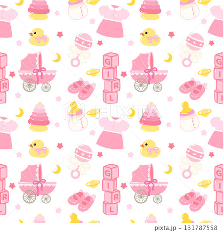 Cute pink baby girl items gender reveal seamless pattern Cute pink baby girl items gender reveal seamless pattern 131787558