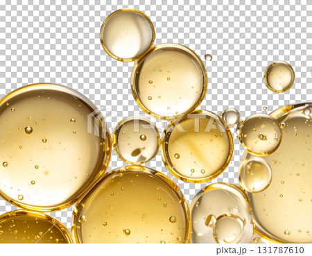 Golden metallic spheres with light reflections and a bubbly abstract background 131787610