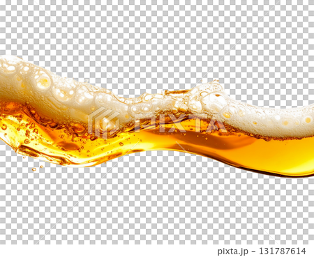 A splash of yellow beer is poured into a clear glass, creating white foam on a white background. 131787614