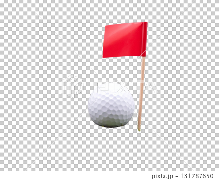 Illustration of a lush green golf course with flags and golf balls near holes on a white background. 131787650