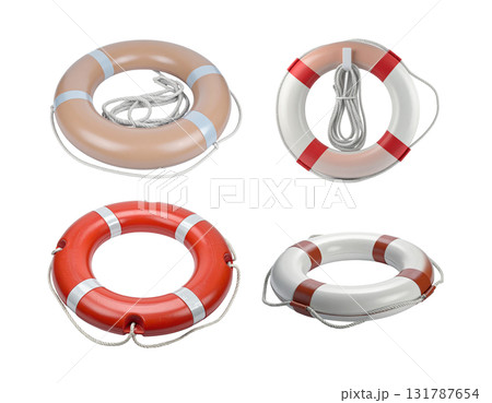 Red lifebuoy with rope on white background 131787654