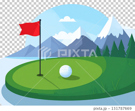 Illustration of a lush green golf course with flags and golf balls near holes on a white background. 131787669
