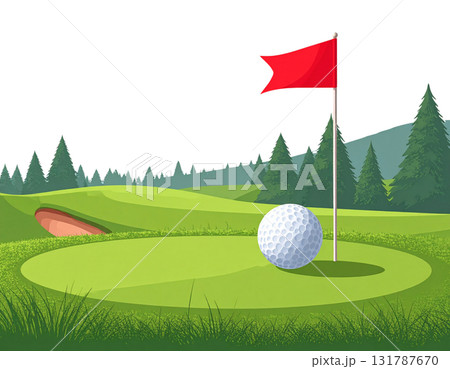 Illustration of a lush green golf course with flags and golf balls near holes on a white background. 131787670
