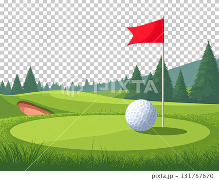 Illustration of a lush green golf course with flags and golf balls near holes on a white background. 131787670