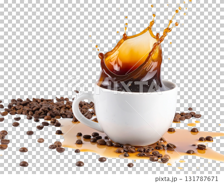 Black roasted coffee beans spilling out of a white ceramic mug on a white background. 131787671