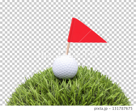 Illustration of a lush green golf course with flags and golf balls near holes on a white background. 131787675