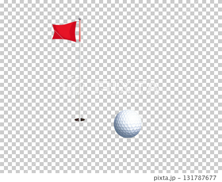 Illustration of a lush green golf course with flags and golf balls near holes on a white background. 131787677