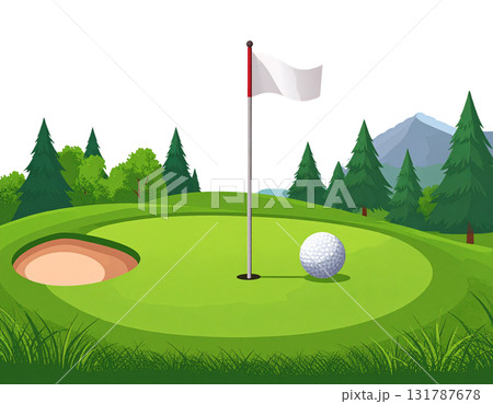 Illustration of a lush green golf course with flags and golf balls near holes on a white background. Illustration of a lush green golf course with flags and golf balls near holes on a white background. 131787678