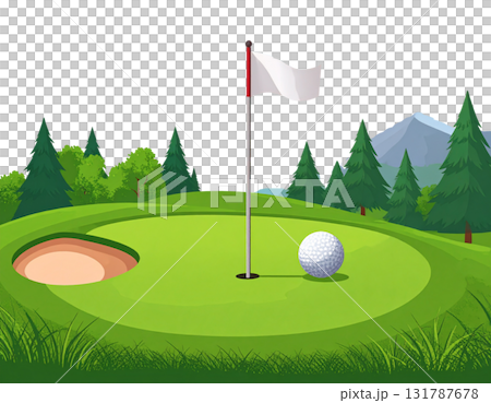 Illustration of a lush green golf course with flags and golf balls near holes on a white background. 131787678