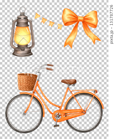 Watercolor bicycle with colorful flower basket as travel illustration on white background. Watercolor bicycle with colorful flower basket as travel illustration on white background. 131787726