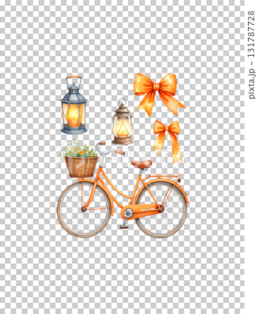 Watercolor bicycle with colorful flower basket as travel illustration on white background. Watercolor bicycle with colorful flower basket as travel illustration on white background. 131787728