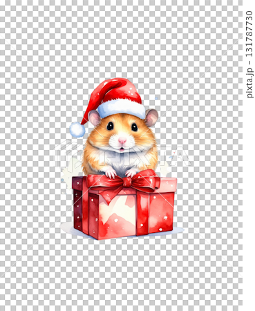 Mouse wearing a Santa hat with a watercolor gift box during Christmas. Mouse wearing a Santa hat with a watercolor gift box during Christmas. 131787730