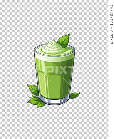 A glass of iced mint green tea with ice and fresh tea leaves on a white background. 131787741