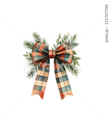 Gold bow and festive red ribbon on a Christmas tree branch against a white background 131787788