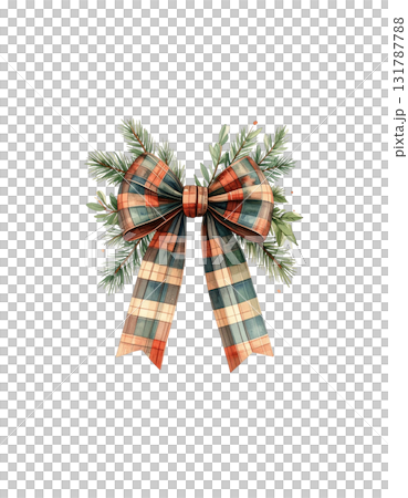 Gold bow and festive red ribbon on a Christmas tree branch against a white background 131787788