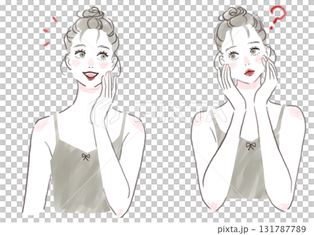 一組憂心忡忡的女人和一位微笑的女人，她們無法觸摸自己的皮膚 131787789