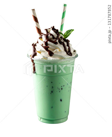 Green tea in a disposable glass on a white background 131787852