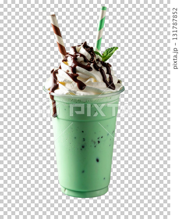 Green tea in a disposable glass on a white background 131787852