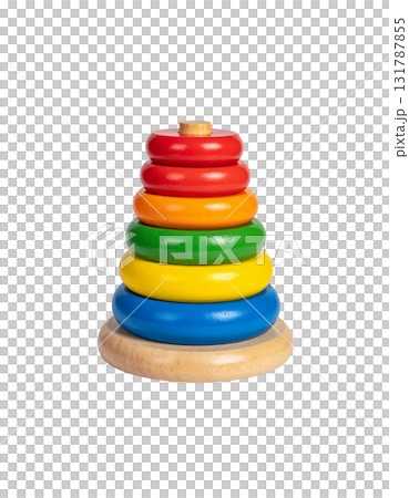 A colorful wooden pyramid stacking toy with rings for baby on a white background A colorful wooden pyramid stacking toy with rings for baby on a white background 131787855