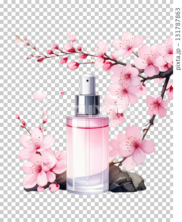 Pink cherry blossom branch with beautiful flowers isolated object for skin care products on white background Pink cherry blossom branch with beautiful flowers isolated object for skin care products on white background 131787863