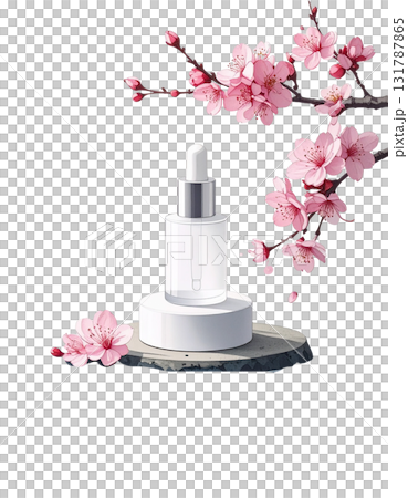 Pink cherry blossom branch with beautiful flowers isolated object for skin care products on white background 131787865