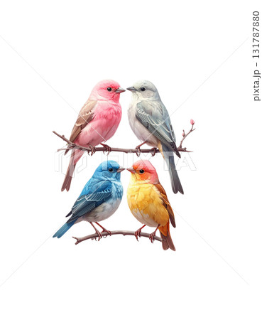 A bright red male cardinal perches on a branch, his colorful feathers and beak standing out against a white background. 131787880