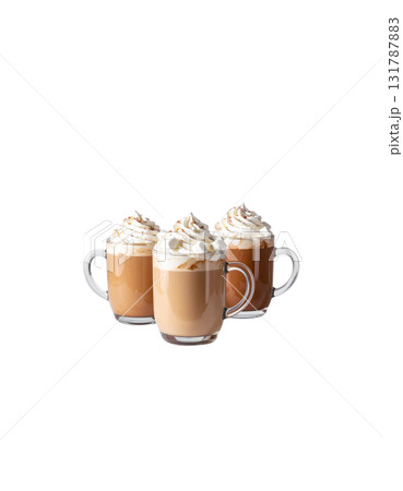 Inviting coffees such as creamy lattes, mochas and espressos served in glasses on a white background. Inviting coffees such as creamy lattes, mochas and espressos served in glasses on a white background. 131787883