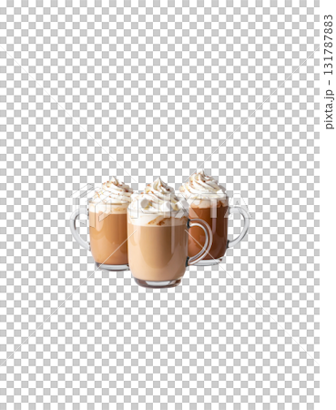 Inviting coffees such as creamy lattes, mochas and espressos served in glasses on a white background. Inviting coffees such as creamy lattes, mochas and espressos served in glasses on a white background. 131787883