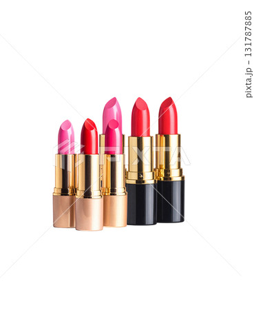 Separated lipstick sticks in bright red and pink shades on a white background. 131787885