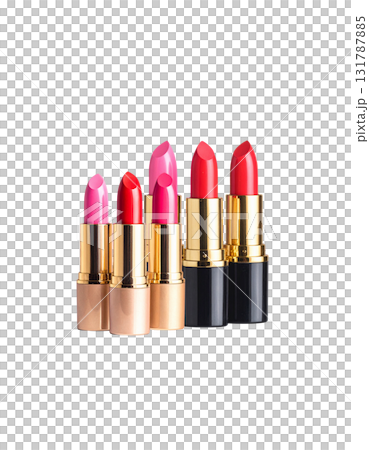 Separated lipstick sticks in bright red and pink shades on a white background. 131787885