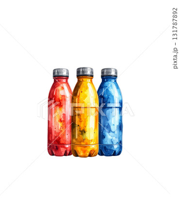 Bottles with colorful caps on a white background 131787892