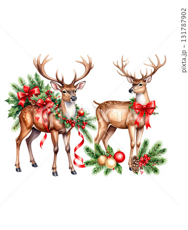 Cute cartoon Christmas reindeer with red nose and festive ribbon on white background. 131787902