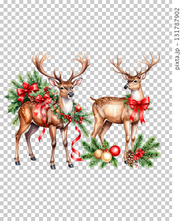 Cute cartoon Christmas reindeer with red nose and festive ribbon on white background. 131787902