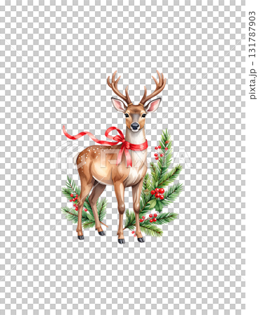 Cute cartoon Christmas reindeer with red nose and festive ribbon on white background. 131787903