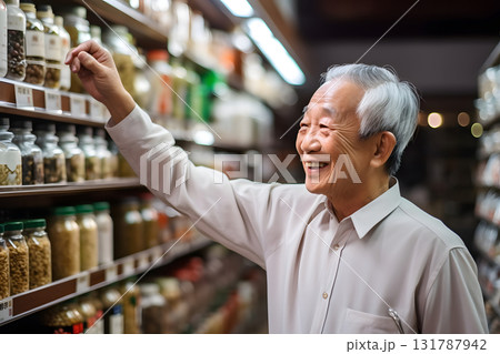 smiling senior Asian man choosing a product in a grocery store. Neural network generated photorealistic image smiling senior Asian man choosing a product in a grocery store. Neural network generated photorealistic image 131787942