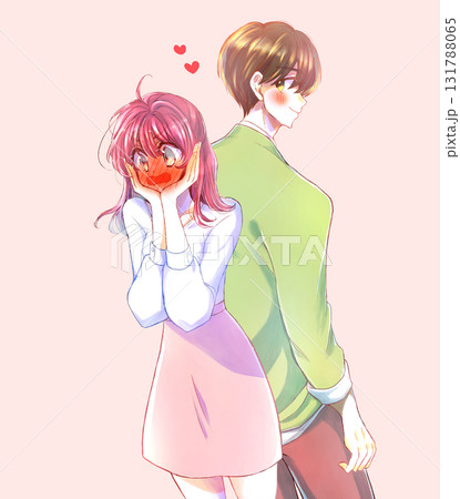 振り向く恋する男性と赤面する女性 振り向く恋する男性と赤面する女性 131788065