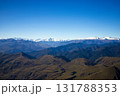 Panoramic view of Caucasus Mountains with snow-capped peaks , hills under blue sky. Natural landscape symbolizing freedom, purity, beauty of wild nature. For travel, adventure, eco-tourism concepts. 131788353