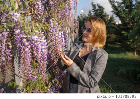 Wisteria, Woman, Garden - A woman admires purple wisteria flowers blooming on a trellis in a sunny garden. 131788595