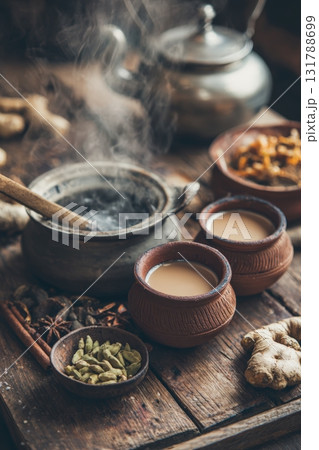 Traditional Indian Chai Making with Clay Cups and Spices on Wooden Surface 131788699